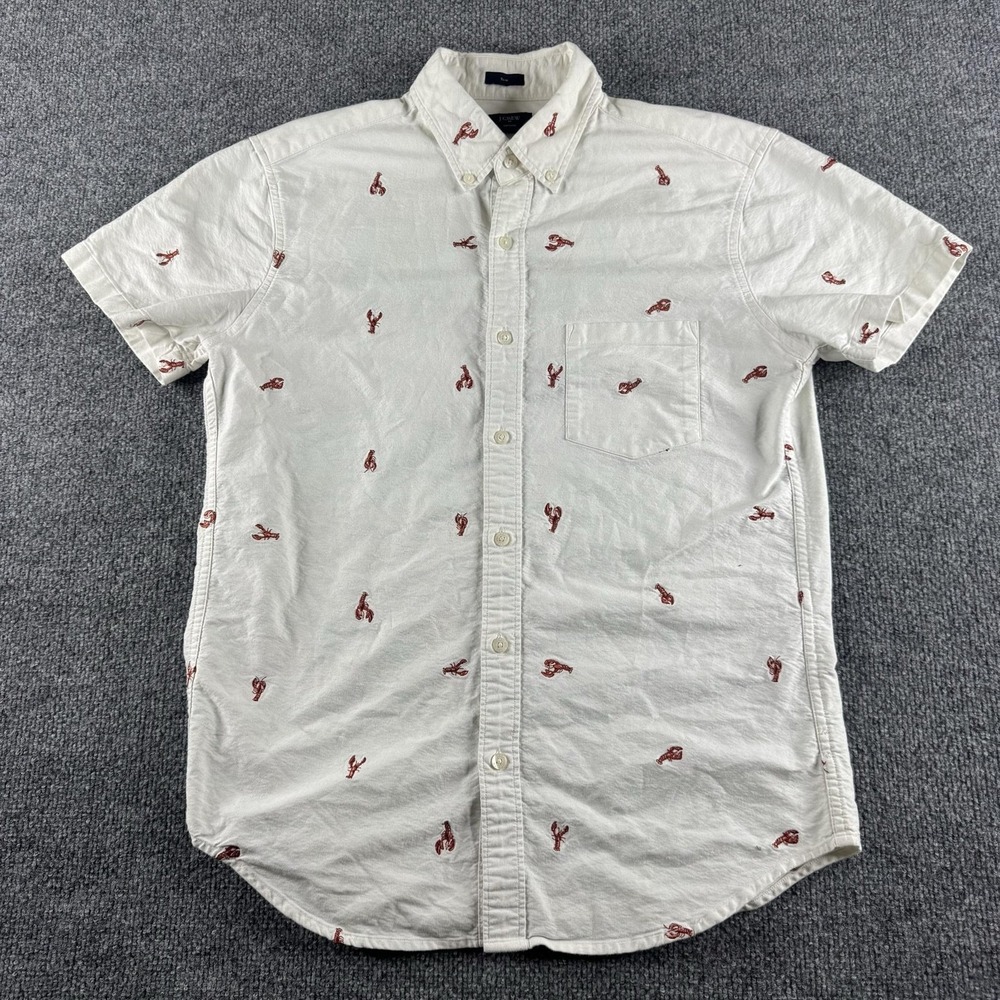 J.Crew Shirt Mens M White Lobster Print Oxford Short Sleeve Button Up Slim Fit